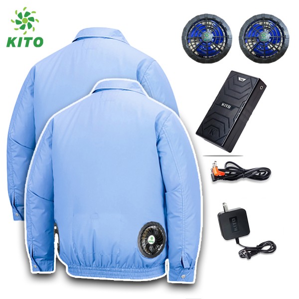 Combo 2 Áo Điều Hòa KITO Kaki Không Mũ Màu Xanh Dương, Pin 26.000mAh, Quạt 13V, Tặng 2 Túi Đá